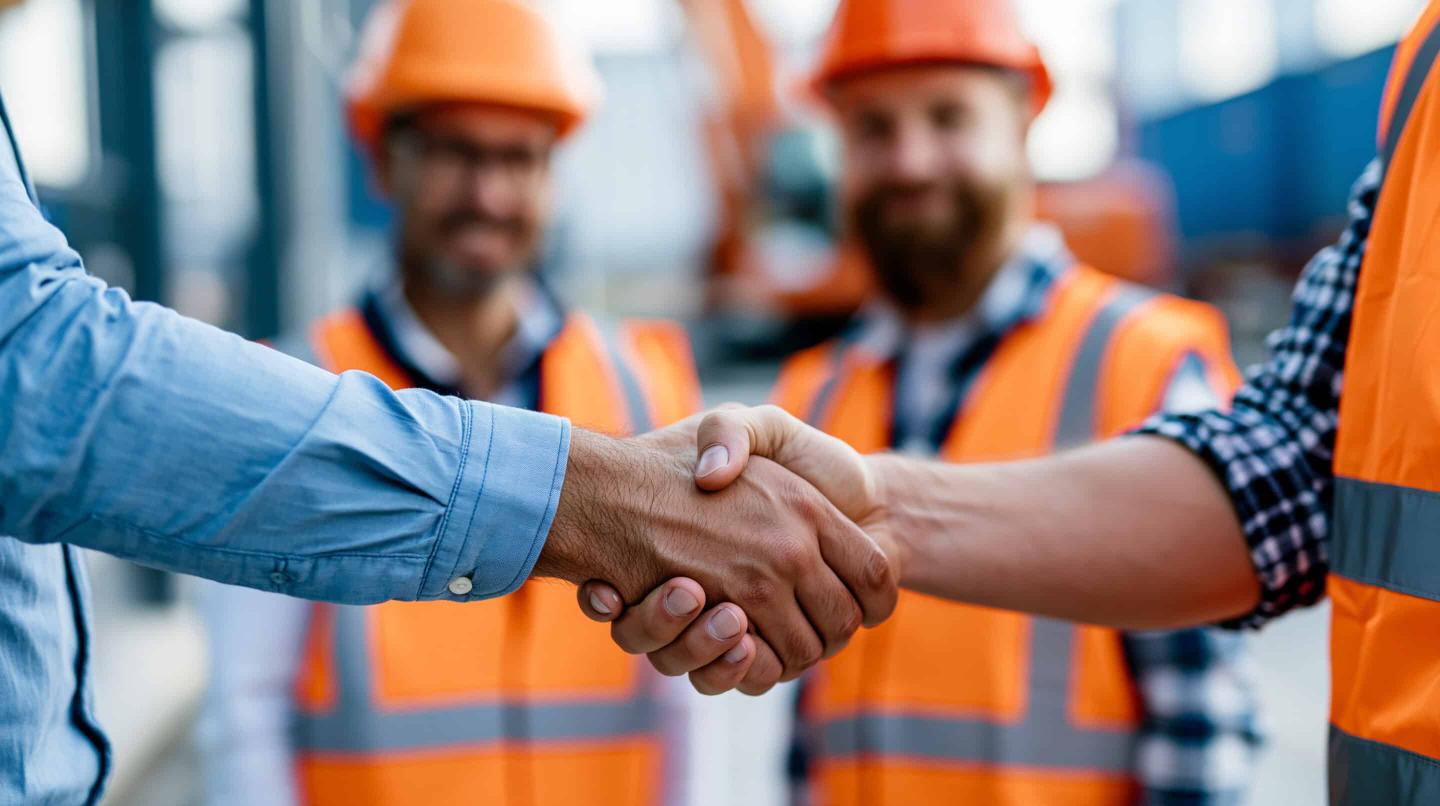Close-up of a logistics team handshake between warehouse workers in safety vests and hard hats at a shipping dock, freight transport cooperation concept, logistics partnership