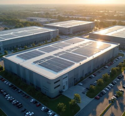 Large modern data center campus with solar panels on rooftops.
