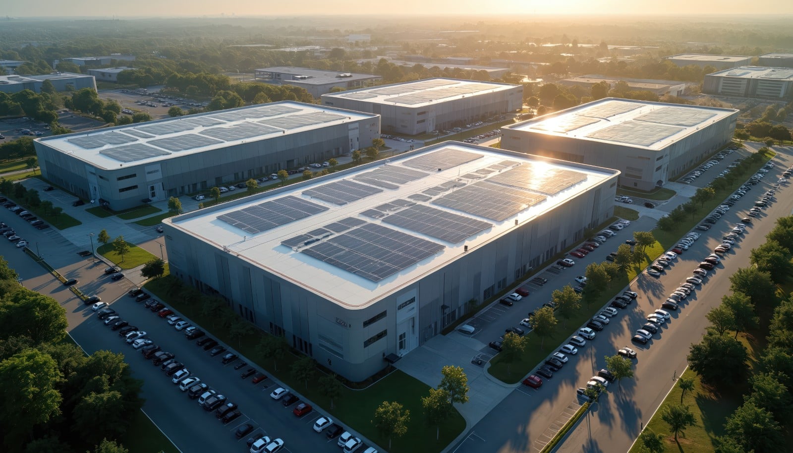 Large modern data center campus with solar panels on rooftops.